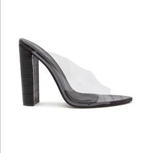 WOMENS BLACK CROC MULE HEEL SANDALS SIZE 6